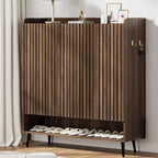 Acekool Armoire à chaussures 6 niveaux, organisateur d'entrée moderne noir sans poignée, 3 portes, crochets intégrés, étagère à chaussures spacieuse