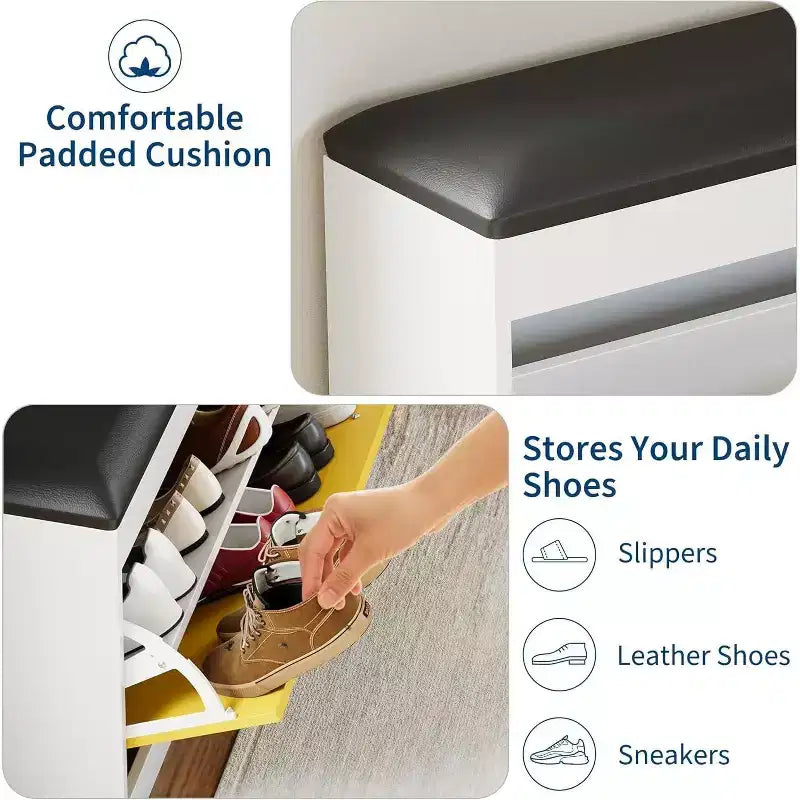 Banc de rangement pour chaussures Acekool avec siège rembourré, Organisateur de meuble à chaussures d'entrée à tiroir basculant à 2 niveaux, 80 x 24 x 55 cm