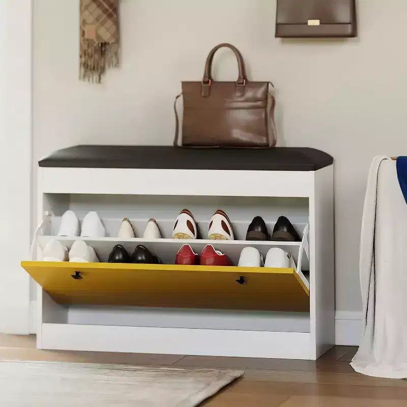 Banc de rangement pour chaussures Acekool avec siège rembourré, Organisateur de meuble à chaussures d'entrée à tiroir basculant à 2 niveaux, 80 x 24 x 55 cm
