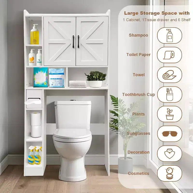 Meuble de rangement WC Acekool avec doubles portes et étagère réglable, organiseur de salle de bain pour gain de place, bois composite