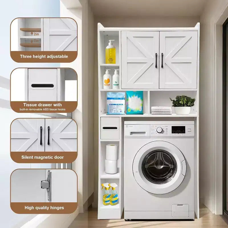 Meuble de rangement WC Acekool avec doubles portes et étagère réglable, organiseur de salle de bain pour gain de place, bois composite