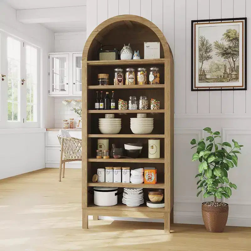 Bibliothèque arquée de 180 cm de haut, étagère moderne de style ferme à 7 niveaux avec étagères ouvertes réglables