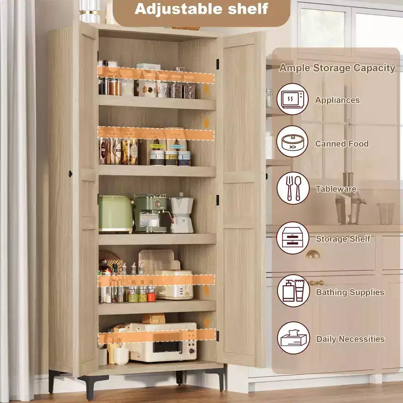 Meuble de rangement de 160 cm de hauteur, garde-manger de cuisine, armoire de salle de bain à 5 étagères avec 2 portes et étagères réglables pour la cuisine