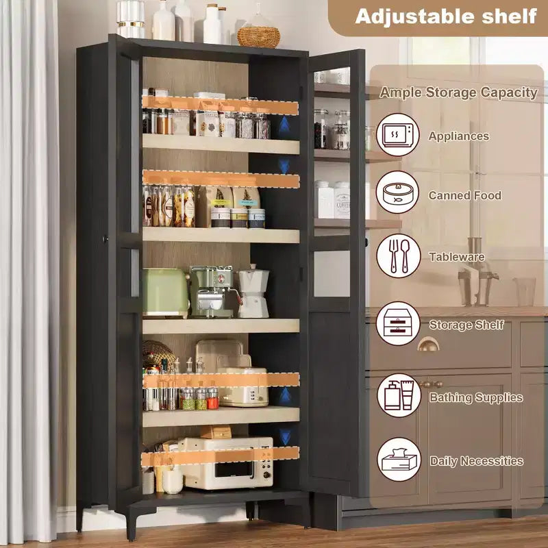 Meuble de rangement de 160 cm de hauteur, garde-manger de cuisine, armoire de salle de bain à 5 étagères avec 2 portes et étagères réglables pour la cuisine