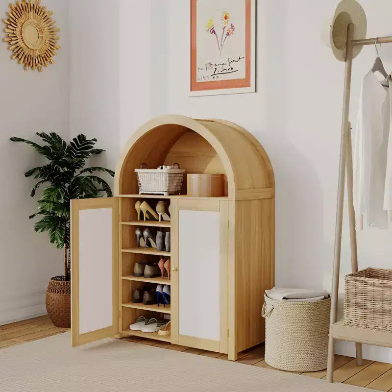 5 Tier Arched Shoe Cabinet with Rattan Doors - Farmhouse Freestanding Shoe Rack Cabinet with Adjustable Shelves for Entryway, Hallway, Living Room