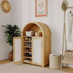 5 Tier Arched Shoe Cabinet with Rattan Doors - Farmhouse Freestanding Shoe Rack Cabinet with Adjustable Shelves for Entryway, Hallway, Living Room