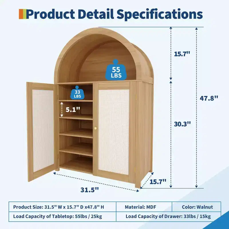 Meuble à chaussures arqué à 5 niveaux avec portes en rotin - Armoire à chaussures autoportante de style ferme avec étagères réglables pour entrée, couloir, salon