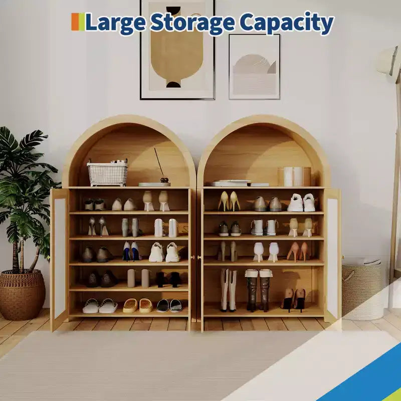 Meuble à chaussures arqué à 5 niveaux avec portes en rotin - Armoire à chaussures autoportante de style ferme avec étagères réglables pour entrée, couloir, salon