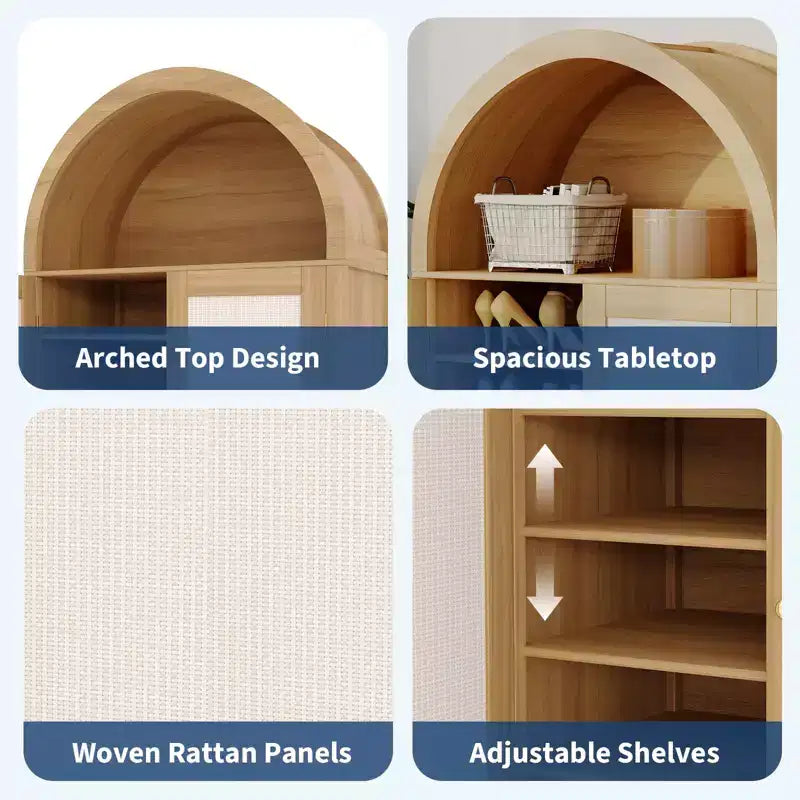 Meuble à chaussures arqué à 5 niveaux avec portes en rotin - Armoire à chaussures autoportante de style ferme avec étagères réglables pour entrée, couloir, salon
