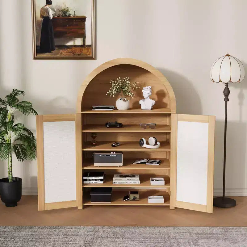 Meuble à chaussures arqué à 5 niveaux avec portes en rotin - Armoire à chaussures autoportante de style ferme avec étagères réglables pour entrée, couloir, salon