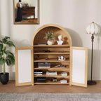 Meuble à chaussures arqué à 5 niveaux avec portes en rotin - Armoire à chaussures autoportante de style ferme avec étagères réglables pour entrée, couloir, salon