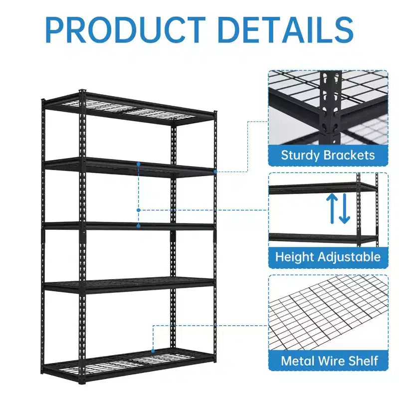 Étagère de rangement de garage à 5 niveaux, unité d'étagères de rangement en métal réglable, étagères de rangement de garage faciles à assembler