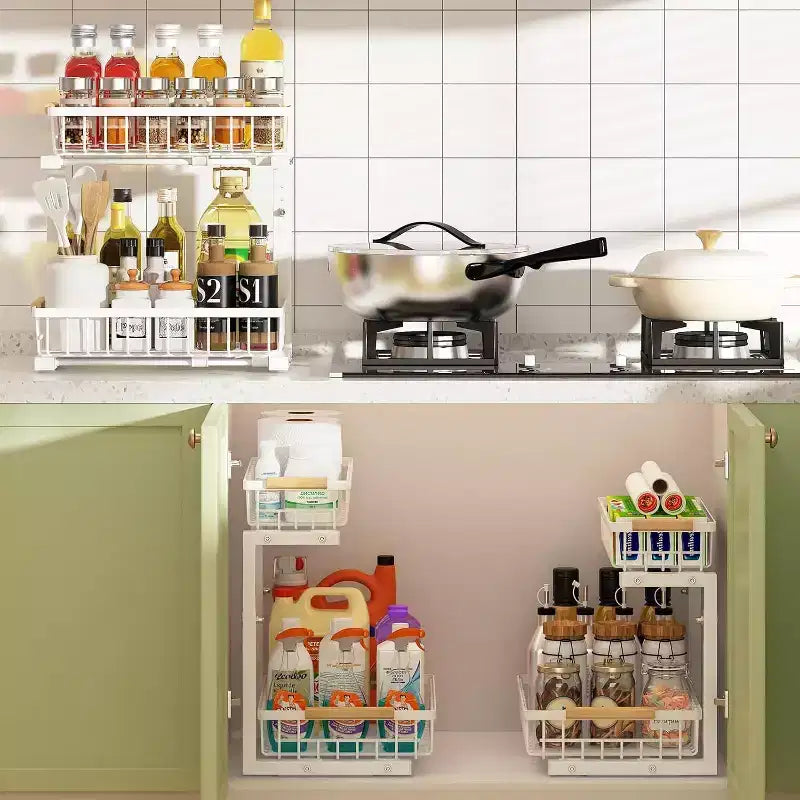 Organisateur coulissant à 2 niveaux sous l'évier - Étagère coulissante réglable en hauteur pour cuisine/salle de bain