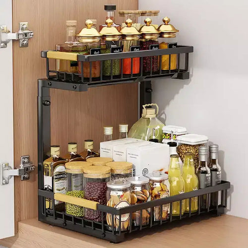 2-Tier Pull Out Under Sink Organizer - Height Adjustable Slide Out Shelf for Kitchen/Bathroom