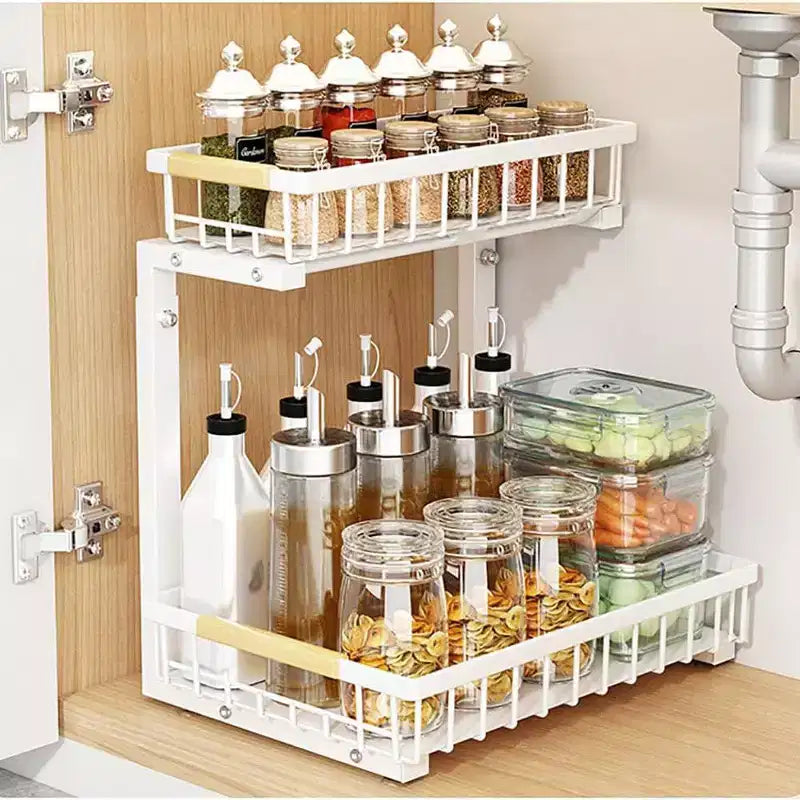 Organisateur coulissant à 2 niveaux sous l'évier - Étagère coulissante réglable en hauteur pour cuisine/salle de bain