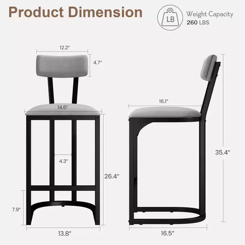 Tabourets de bar lot de 2 - Tabourets de bar rembourrés hauteur comptoir pour salle à manger, chaises îlot pour table de cuisine, tabourets hauts avec dossier pour bar à domicile