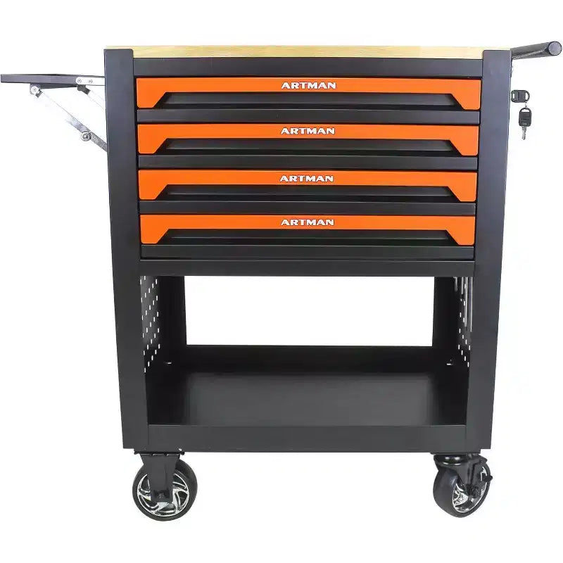 Servante d'atelier Acekool avec 4 tiroirs, chariot de mécanicien mobile avec roues robustes et panneau latéral, orange