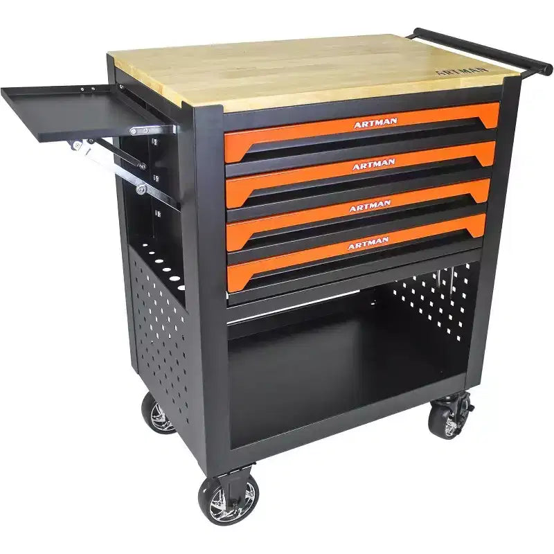 Servante d'atelier Acekool avec 4 tiroirs, chariot de mécanicien mobile avec roues robustes et panneau latéral, orange