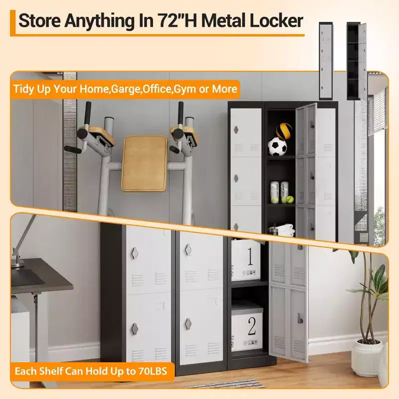Armoire de rangement métallique haute de 72 pouces avec 4 portes, casier en acier avec étagères pour l'école, le bureau, le garage, la salle de sport, l'entrepôt à domicile