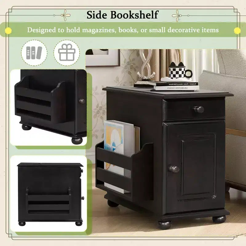 Table d'appoint Bestier avec roulettes, Table d'appoint moderne avec ports USB, Tiroir, Porte-gobelets, Table de canapé avec rangement pour salon, chambre à coucher