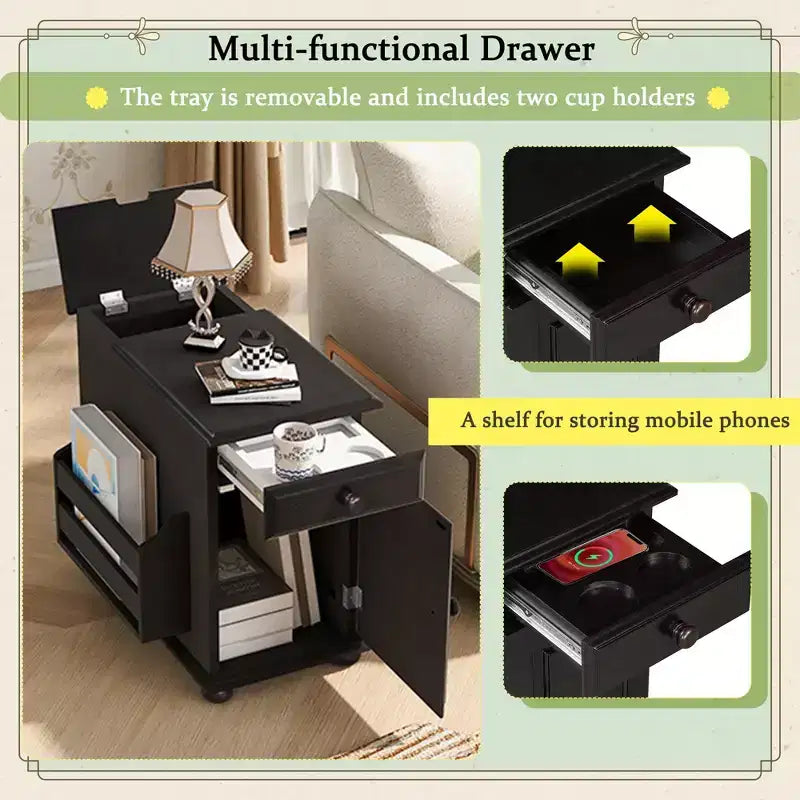 Table d'appoint Bestier avec roulettes, Table d'appoint moderne avec ports USB, Tiroir, Porte-gobelets, Table de canapé avec rangement pour salon, chambre à coucher