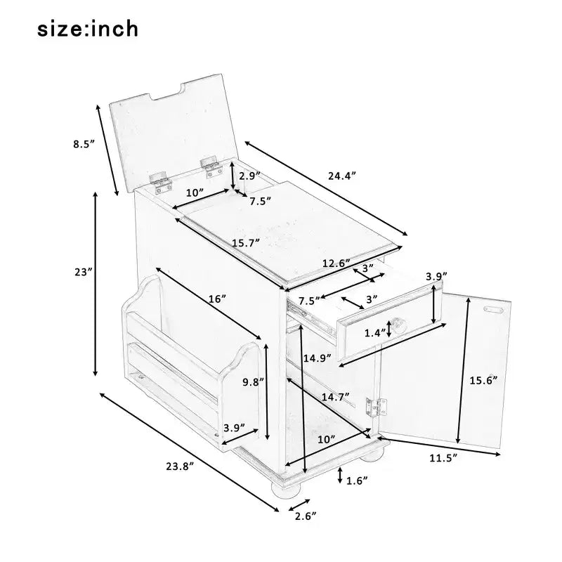 Table d'appoint Bestier avec roulettes, Table d'appoint moderne avec ports USB, Tiroir, Porte-gobelets, Table de canapé avec rangement pour salon, chambre à coucher