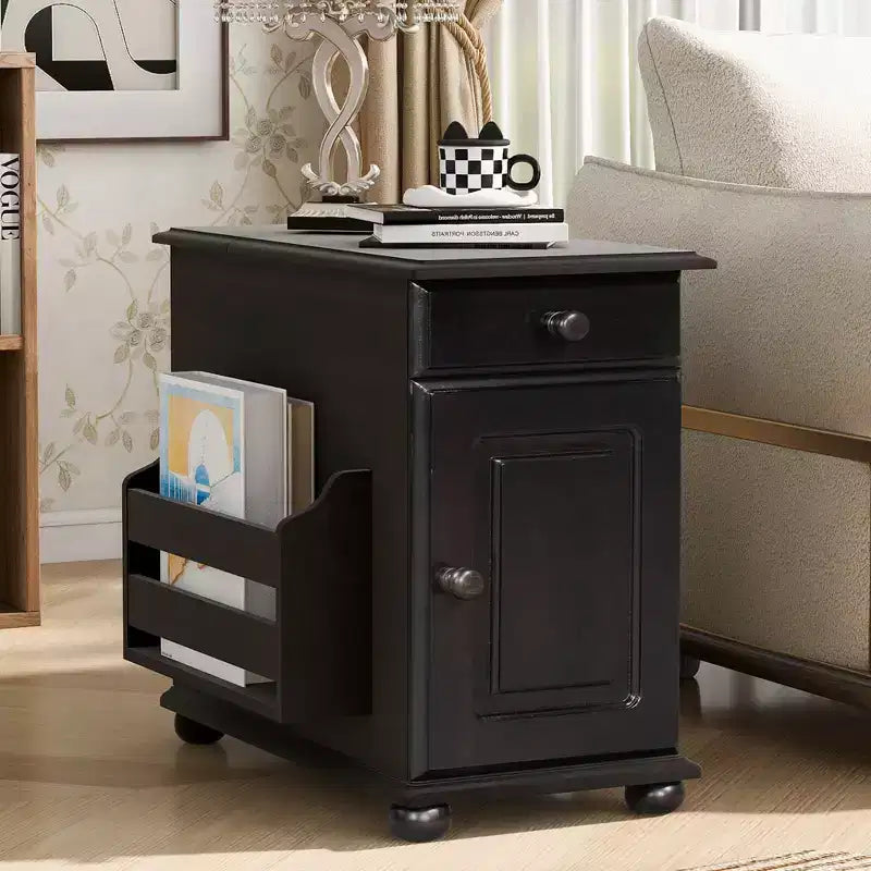 Table d'appoint Bestier avec roulettes, Table d'appoint moderne avec ports USB, Tiroir, Porte-gobelets, Table de canapé avec rangement pour salon, chambre à coucher