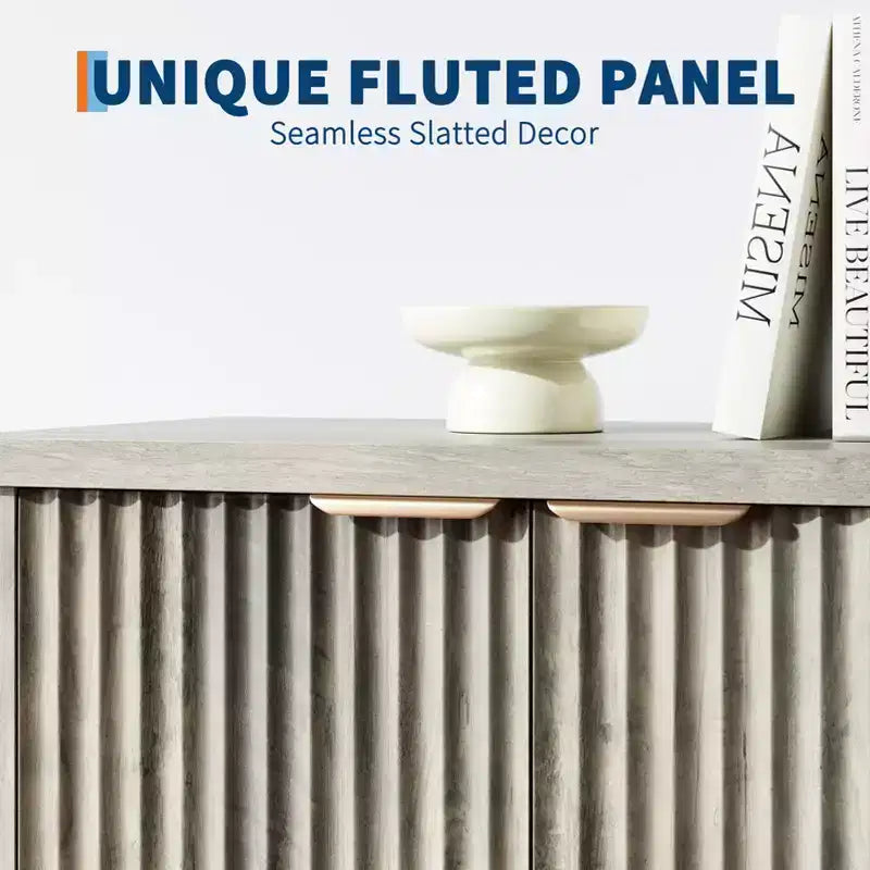 32.68 Buffet de salle à manger cannelé, Credenza moderne en bois avec portes et étagères pour salon, cuisine, salle à manger, couloir