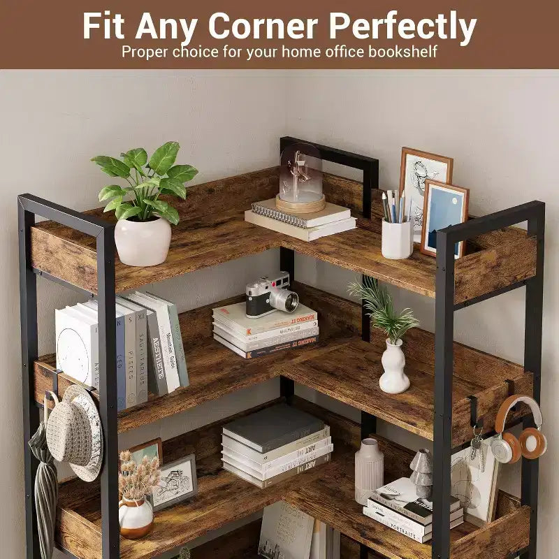 Étagère d'angle convertible à 5 niveaux, Bibliothèque industrielle moderne, Étagère de rangement en forme de L pour bureau, salon, salle d'étude