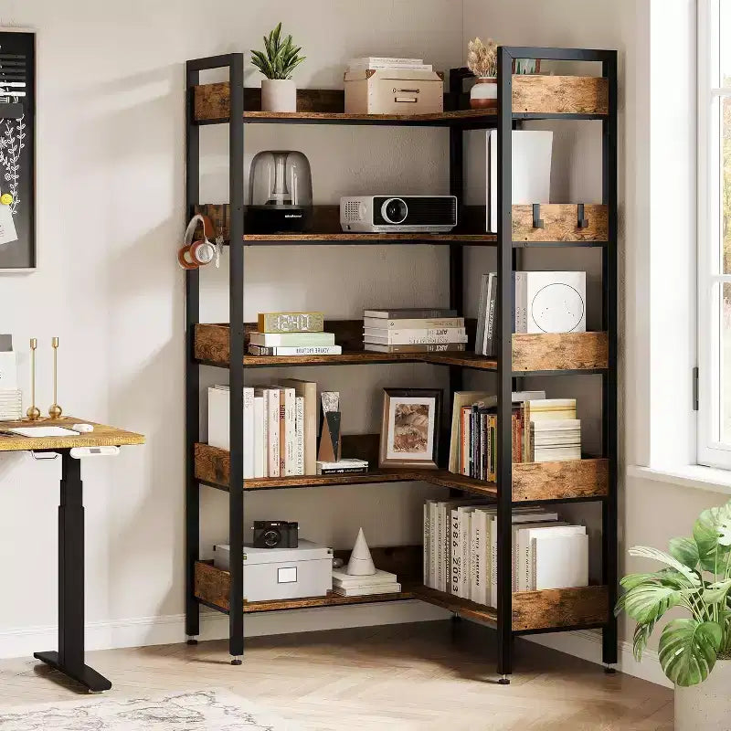 Étagère d'angle convertible à 5 niveaux, Bibliothèque industrielle moderne, Étagère de rangement en forme de L pour bureau, salon, salle d'étude