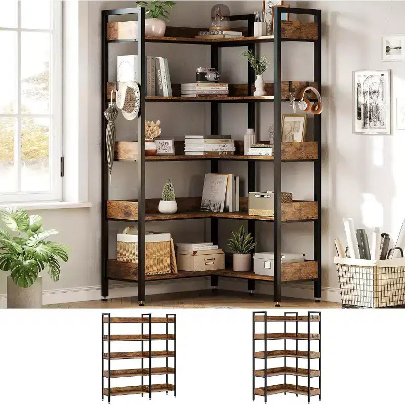 Étagère d'angle convertible à 5 niveaux, Bibliothèque industrielle moderne, Étagère de rangement en forme de L pour bureau, salon, salle d'étude