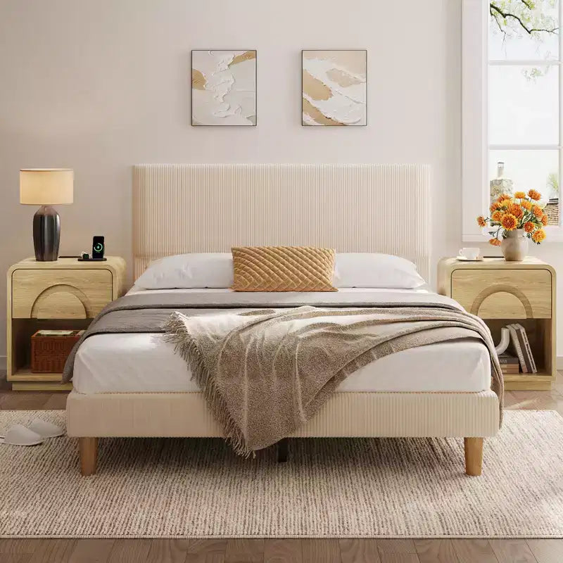 Table de chevet Bestier avec station de charge, table d'appoint LED moderne avec tiroir et étagère ouverte pour chambre et salon, chêne naturel