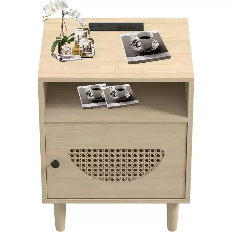 Table de chevet Acekool Boho en rotin avec station de recharge, ports USB et Type-C, tiroir de rangement, pieds en bois massif, pour chambre et salon, naturel