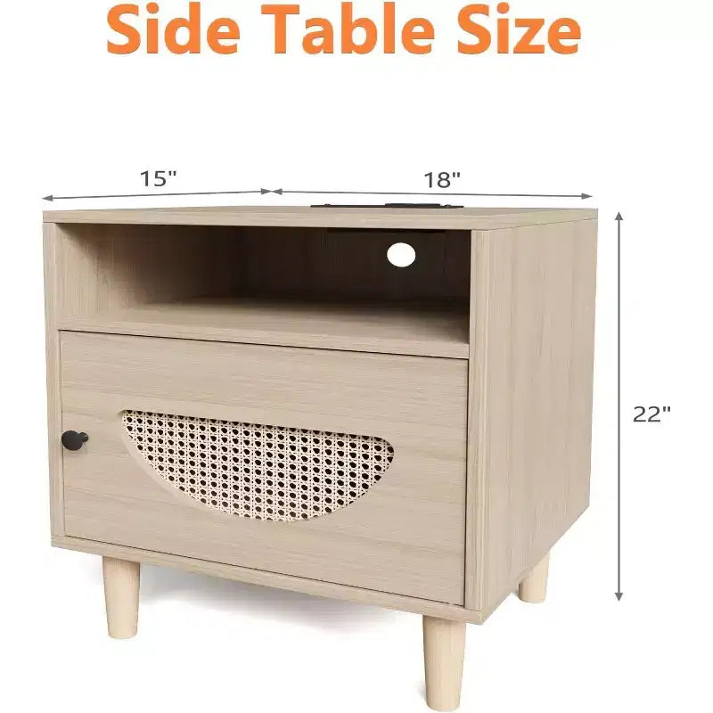 Table de chevet Acekool Boho en rotin avec station de recharge, ports USB et Type-C, tiroir de rangement, pieds en bois massif, pour chambre et salon, naturel