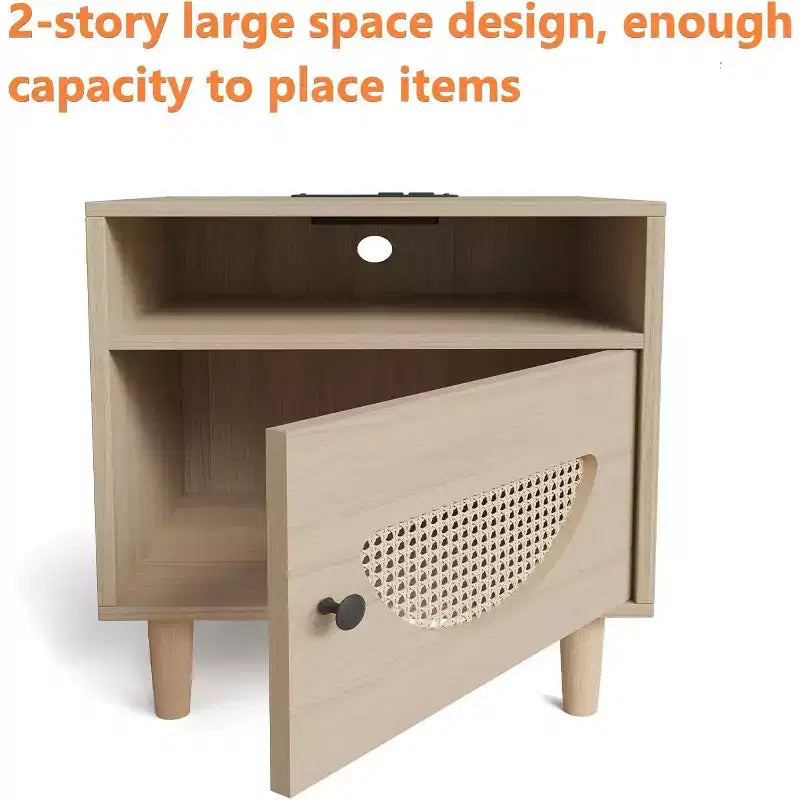 Table de chevet Acekool Boho en rotin avec station de recharge, ports USB et Type-C, tiroir de rangement, pieds en bois massif, pour chambre et salon, naturel