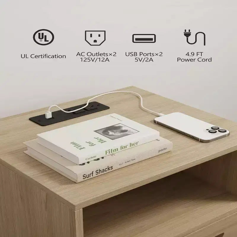Table de chevet Acekool Boho en rotin avec station de recharge, ports USB et Type-C, tiroir de rangement, pieds en bois massif, pour chambre et salon, naturel