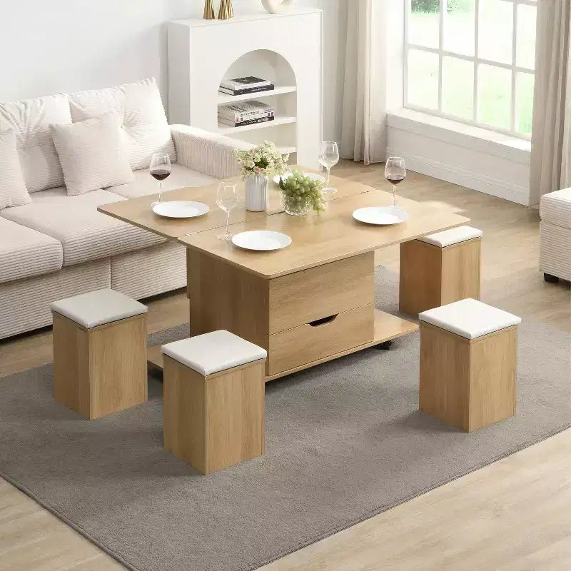 Christopher Knight Home Olia, table basse relevable multifonctionnelle moderne avec rangement dissimulé, 4 tabourets et roulettes verrouillables