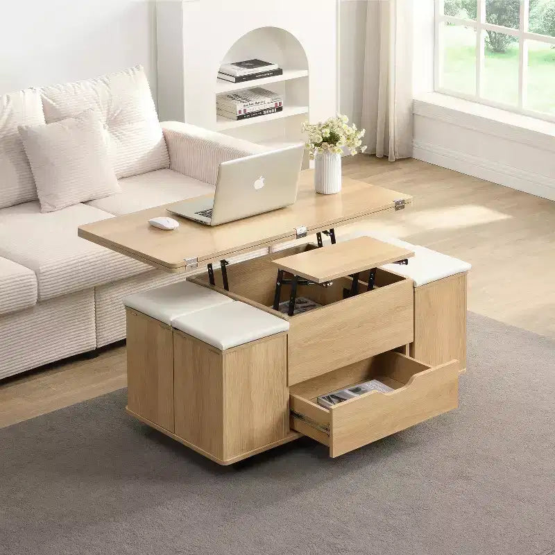 Christopher Knight Home Olia, table basse relevable multifonctionnelle moderne avec rangement dissimulé, 4 tabourets et roulettes verrouillables