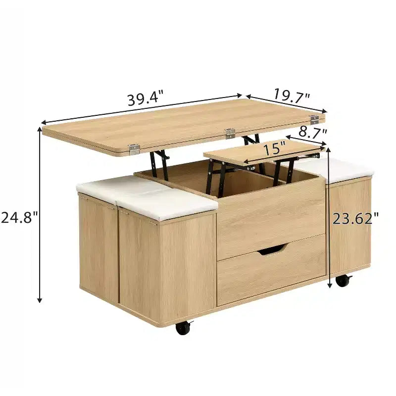 Christopher Knight Home Olia, table basse relevable multifonctionnelle moderne avec rangement dissimulé, 4 tabourets et roulettes verrouillables