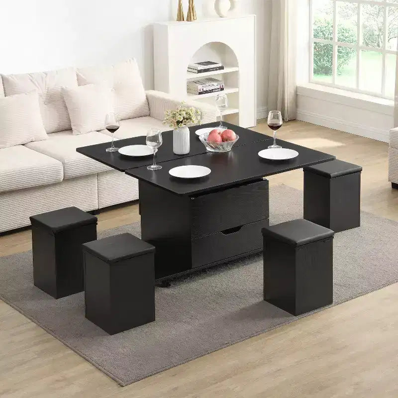 Christopher Knight Home Olia, table basse relevable multifonctionnelle moderne avec rangement dissimulé, 4 tabourets et roulettes verrouillables