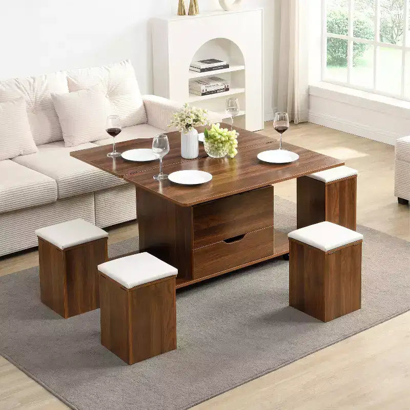 Christopher Knight Home Olia, table basse relevable multifonctionnelle moderne avec rangement dissimulé, 4 tabourets et roulettes verrouillables