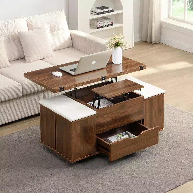 Christopher Knight Home Olia, table basse relevable multifonctionnelle moderne avec rangement dissimulé, 4 tabourets et roulettes verrouillables