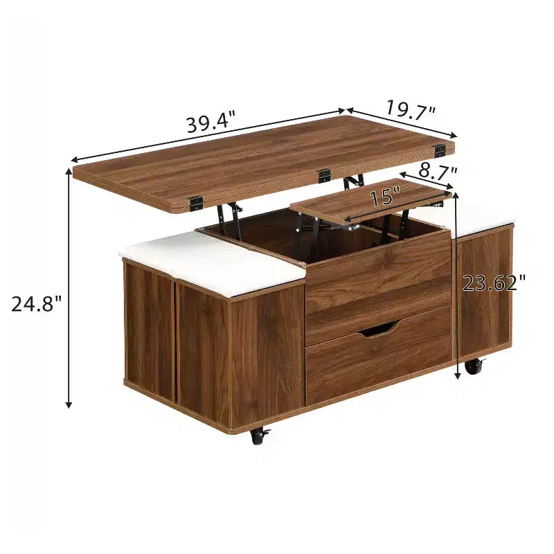 Christopher Knight Home Olia, table basse relevable multifonctionnelle moderne avec rangement dissimulé, 4 tabourets et roulettes verrouillables