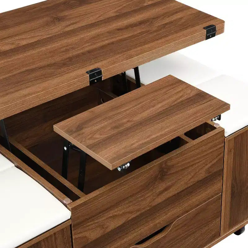 Christopher Knight Home Olia, table basse relevable multifonctionnelle moderne avec rangement dissimulé, 4 tabourets et roulettes verrouillables