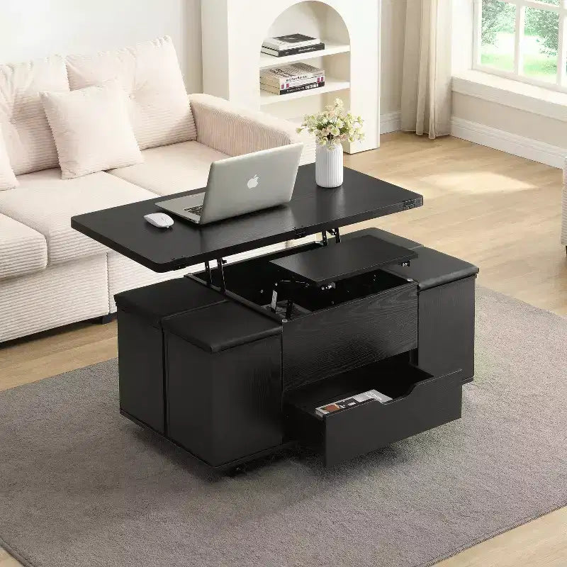 Christopher Knight Home Olia, table basse relevable multifonctionnelle moderne avec rangement dissimulé, 4 tabourets et roulettes verrouillables