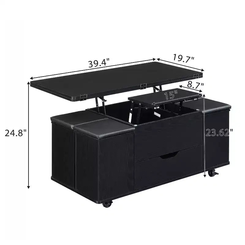 Christopher Knight Home Olia, table basse relevable multifonctionnelle moderne avec rangement dissimulé, 4 tabourets et roulettes verrouillables