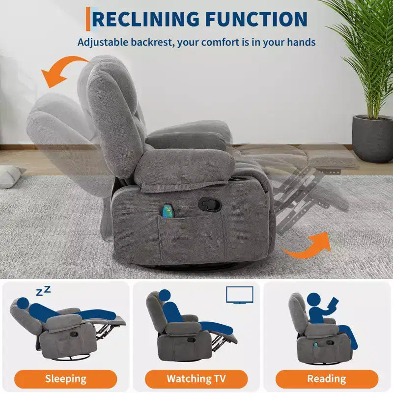 Fauteuils inclinables pivotants à 360° avec massage par vibration et chauffage, fauteuil inclinable rembourré avec accoudoir de rangement