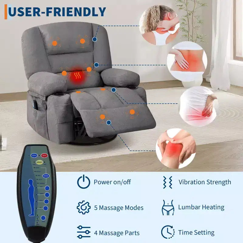 Fauteuils inclinables pivotants à 360° avec massage par vibration et chauffage, fauteuil inclinable rembourré avec accoudoir de rangement