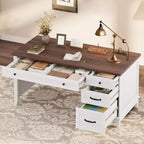 Bureau de direction de 53,5 pouces avec 4 tiroirs, bureau de télétravail de style rustique avec classeur, bureau d'ordinateur en bois pour l'étude, table de conférence