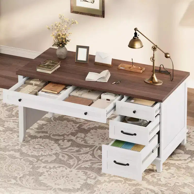 Bureau de direction de 53,5 pouces avec 4 tiroirs, bureau de télétravail de style rustique avec classeur, bureau d'ordinateur en bois pour l'étude, table de conférence